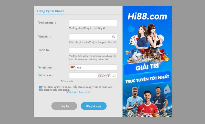 Biểu mẫu đăng ký tài khoản thành viên mới tại Hi88